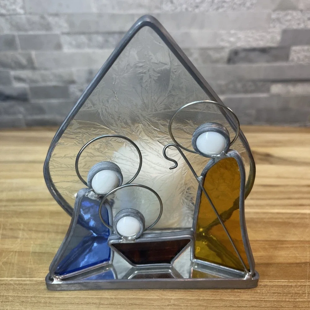 Vintage Stained Glass Nativity Scene Candle‎ Holder Christmas Joseph Mary Jesus